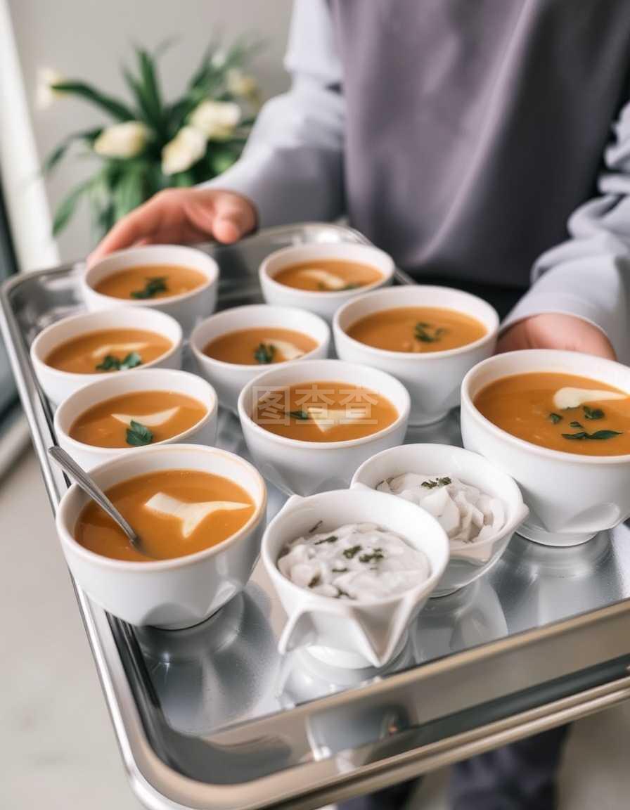 提升餐飲體驗 帶餐飲湯和服務的托盤